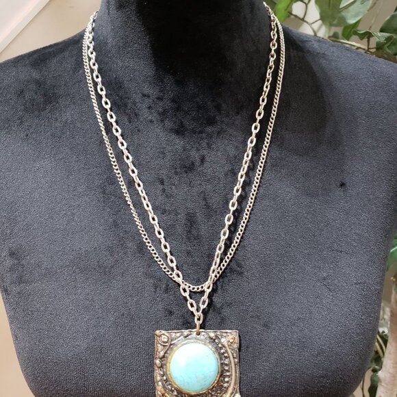 Vintage Silver Chain Brooch Pendant Fringe Pearl Turquoise Necklace - Picture 4 of 6